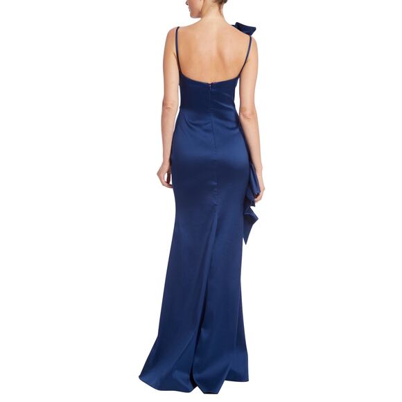 Badgley Mischka Ruffle Accent Sculptural Swirl Maxi Evening Dress Blue Size 12 - Picture 3 of 7